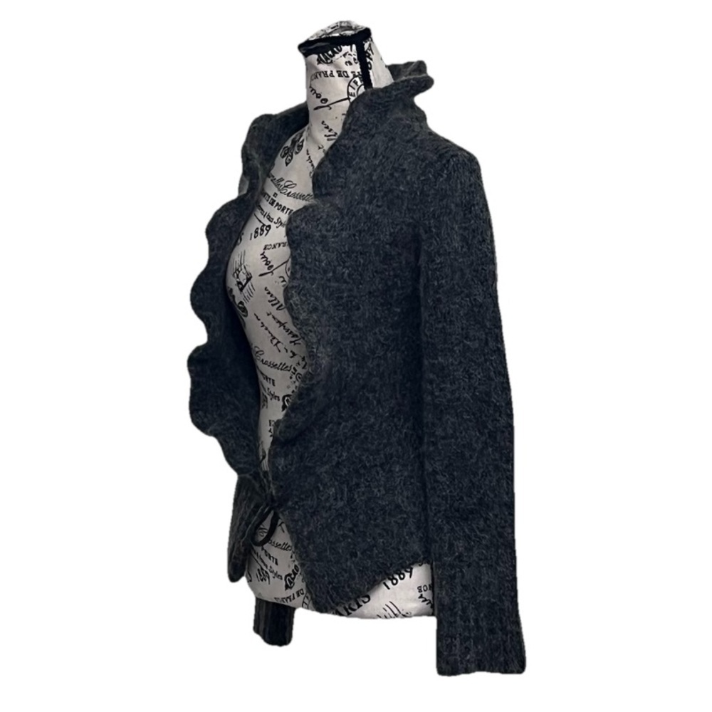 Zara Charcoal Grey Mohair Wool Cardigan L Soft Fuzzy Ruffle Trim Cozy Goth - Picture 3 of 11